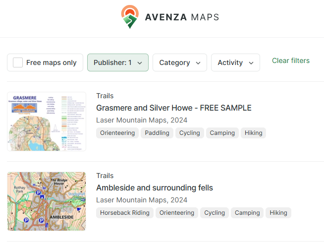 Screenshot of Avenza Maps app filtered by maps published by Laser Mountain Maps